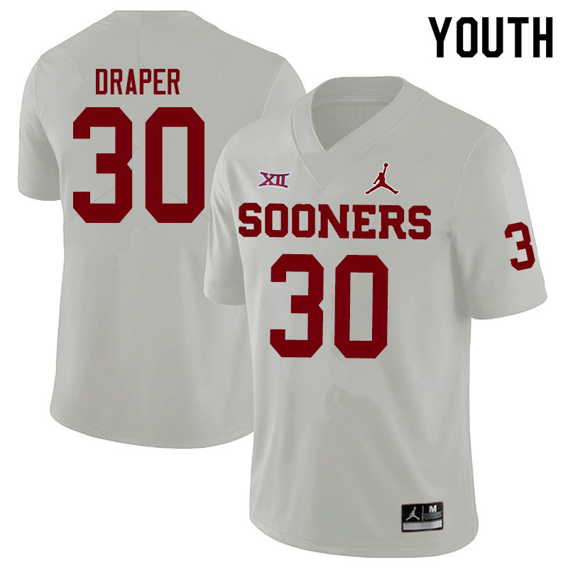 Youth #30 Levi Draper Oklahoma Sooners Jordan Brand College Football Jerseys Sale-White - Click Image to Close
